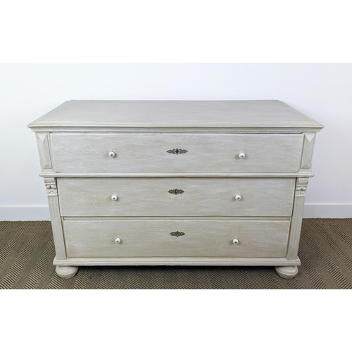 424 - CHEST OF DRAWERS, early 20th century, Gustavian style, grey painted with three drawers, 140cm x 66cm... 