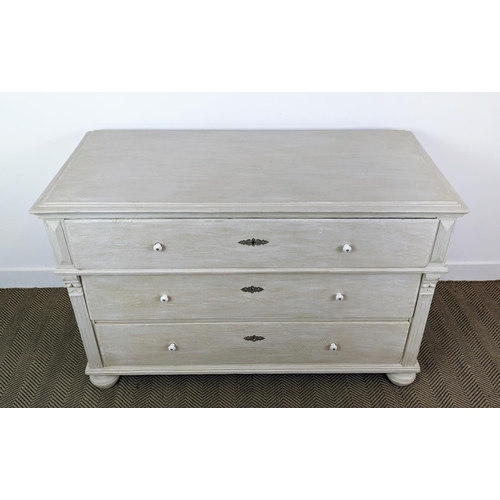 424 - CHEST OF DRAWERS, early 20th century, Gustavian style, grey painted with three drawers, 140cm x 66cm... 