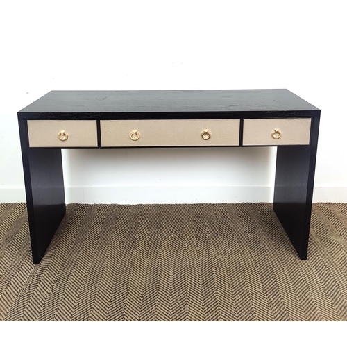 445 - CONSOLE TABLE, black gloss painted wood with three drawers, 81cm H x 140cm x 45cm.