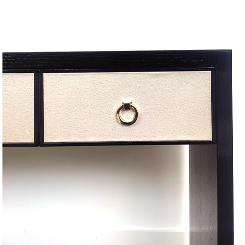 445 - CONSOLE TABLE, black gloss painted wood with three drawers, 81cm H x 140cm x 45cm.