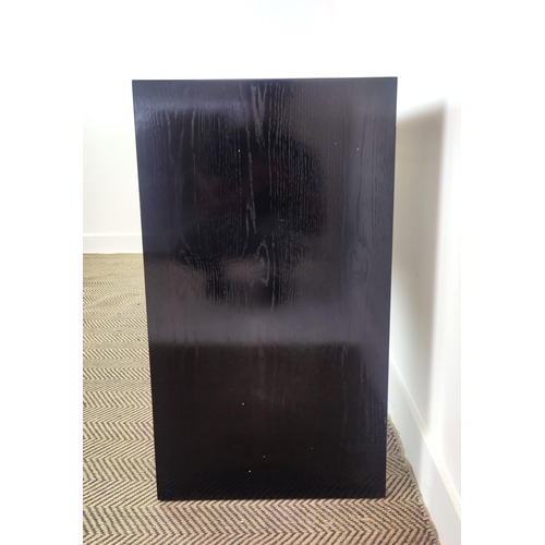 445 - CONSOLE TABLE, black gloss painted wood with three drawers, 81cm H x 140cm x 45cm.