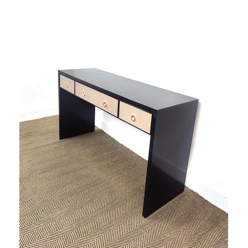 445 - CONSOLE TABLE, black gloss painted wood with three drawers, 81cm H x 140cm x 45cm.