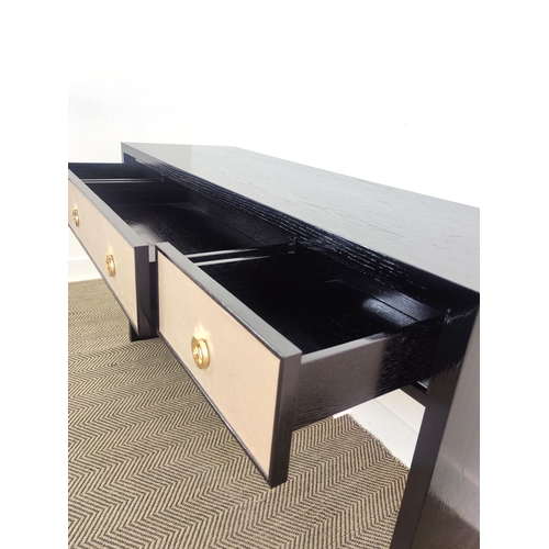 445 - CONSOLE TABLE, black gloss painted wood with three drawers, 81cm H x 140cm x 45cm.