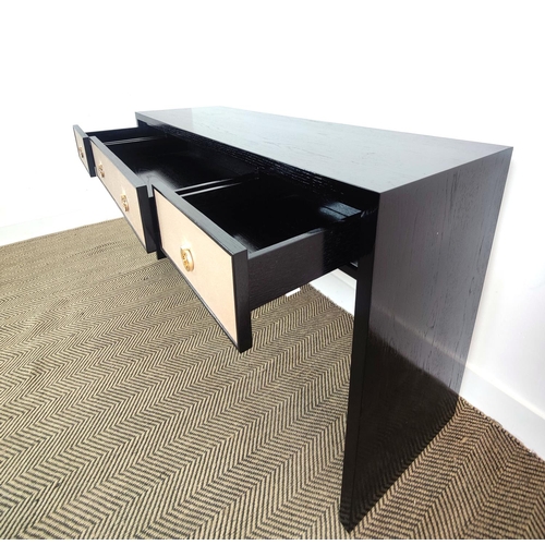 445 - CONSOLE TABLE, black gloss painted wood with three drawers, 81cm H x 140cm x 45cm.