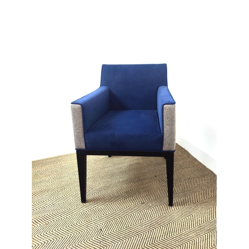 446 - ARMCHAIRS, a pair, blue upholstery with grey backs, 84cm H x 60cm x 62cm. (2)