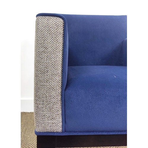 446 - ARMCHAIRS, a pair, blue upholstery with grey backs, 84cm H x 60cm x 62cm. (2)