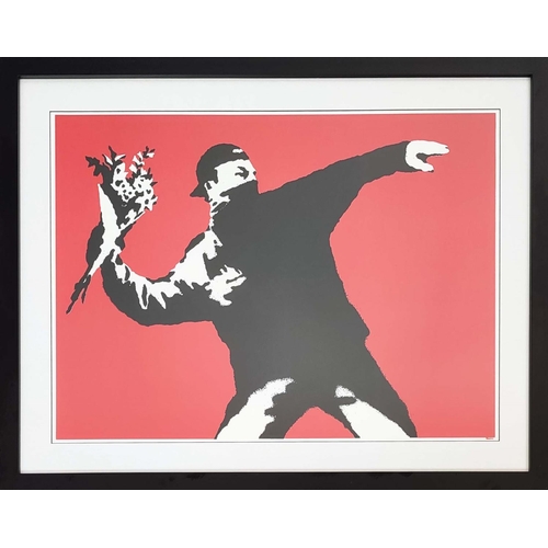 47 - BANKSY, Love is in the air, screenprint, 49cm x 69cm, framed.