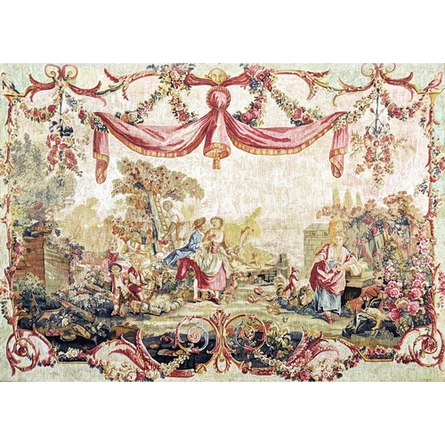 75 - 18TH CENTURY FRENCH STYLE, 'Landscape with romantic figures', peinture en tissu, 157cm x 179cm.