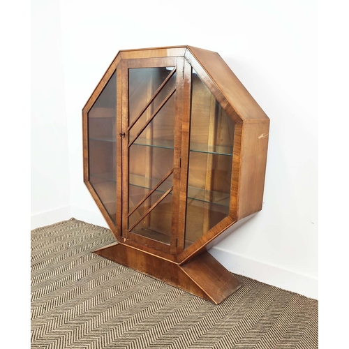 98 - DISPLAY CABINET, Art Deco walnut, octagonal with glazed door and two glass shelves, 127cm H x 114cm ... 