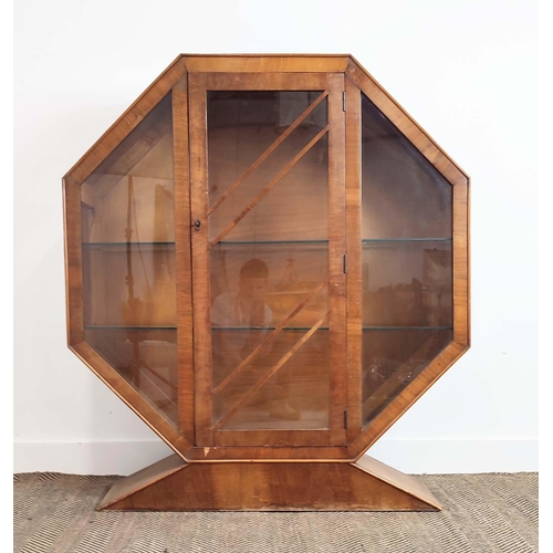 98 - DISPLAY CABINET, Art Deco walnut, octagonal with glazed door and two glass shelves, 127cm H x 114cm ... 