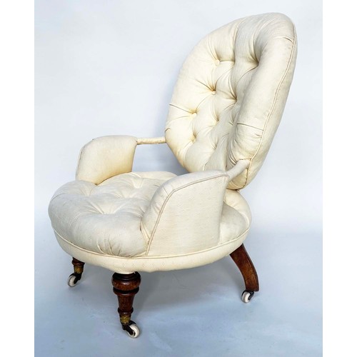 107 - SLIPPER ARMCHAIR, 19th century button upholstered, yellow fabric with turned front supports, 46cm W.