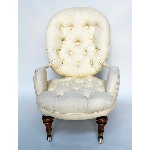 107 - SLIPPER ARMCHAIR, 19th century button upholstered, yellow fabric with turned front supports, 46cm W.