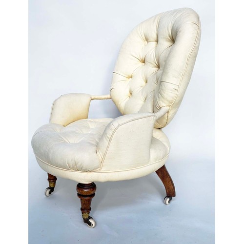 107 - SLIPPER ARMCHAIR, 19th century button upholstered, yellow fabric with turned front supports, 46cm W.