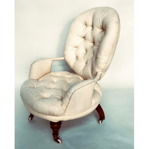 107 - SLIPPER ARMCHAIR, 19th century button upholstered, yellow fabric with turned front supports, 46cm W.