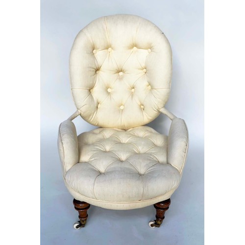 107 - SLIPPER ARMCHAIR, 19th century button upholstered, yellow fabric with turned front supports, 46cm W.