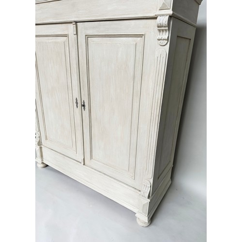 153 - ARMOIRE, 19th century French traditionally grey painted with two panel doors enclosing full hanging ... 