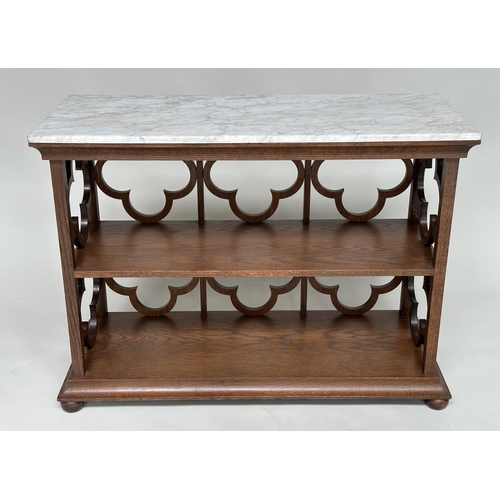 126 - OKA OPEN BOOKCASE, tray top oak with two shelves and quatrefoil panel sides, 109cm x 77cm H x 44cm.