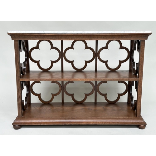 126 - OKA OPEN BOOKCASE, tray top oak with two shelves and quatrefoil panel sides, 109cm x 77cm H x 44cm.