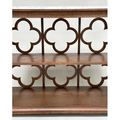 126 - OKA OPEN BOOKCASE, tray top oak with two shelves and quatrefoil panel sides, 109cm x 77cm H x 44cm.