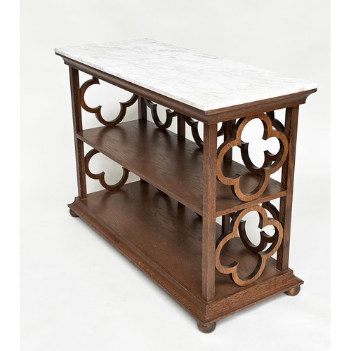 126 - OKA OPEN BOOKCASE, tray top oak with two shelves and quatrefoil panel sides, 109cm x 77cm H x 44cm.