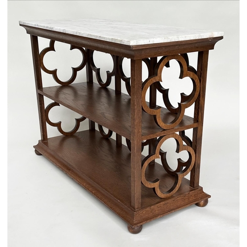 126 - OKA OPEN BOOKCASE, tray top oak with two shelves and quatrefoil panel sides, 109cm x 77cm H x 44cm.