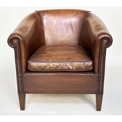 133 - TUB ARMCHAIRS, a pair, brass studded, hand finished soft tan brown leather with bar back and taperin... 