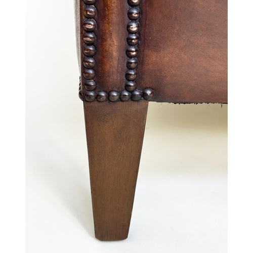 133 - TUB ARMCHAIRS, a pair, brass studded, hand finished soft tan brown leather with bar back and taperin... 