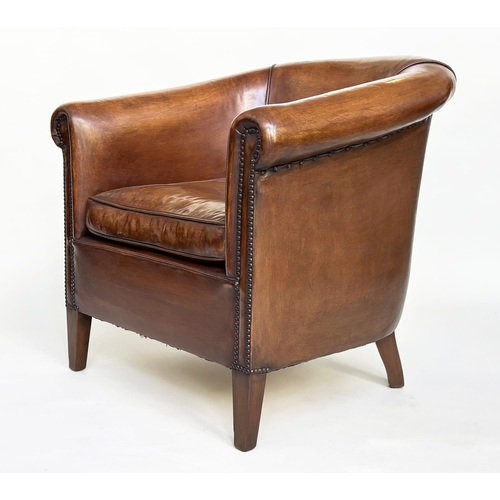 133 - TUB ARMCHAIRS, a pair, brass studded, hand finished soft tan brown leather with bar back and taperin... 