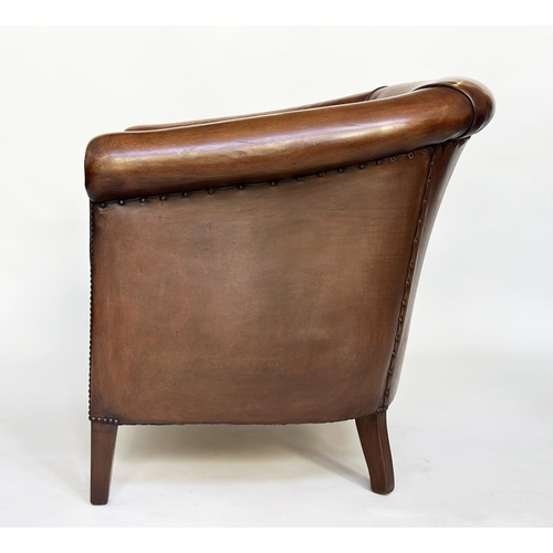 133 - TUB ARMCHAIRS, a pair, brass studded, hand finished soft tan brown leather with bar back and taperin... 