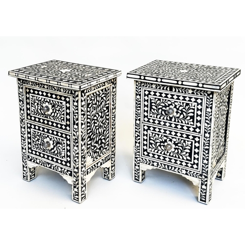 138 - CHESTS, a pair, Moorish profusely inlaid bone each with two drawers, 60cm H x 44cm W x 30cm D. (2)