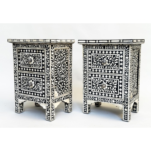 138 - CHESTS, a pair, Moorish profusely inlaid bone each with two drawers, 60cm H x 44cm W x 30cm D. (2)