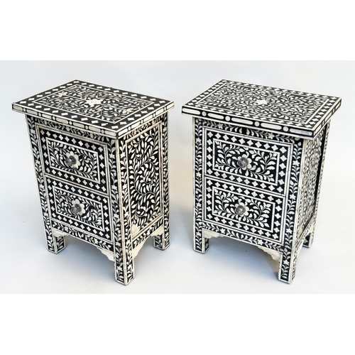 138 - CHESTS, a pair, Moorish profusely inlaid bone each with two drawers, 60cm H x 44cm W x 30cm D. (2)