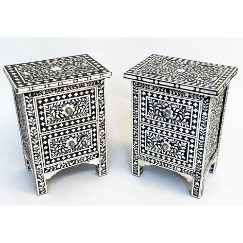 138 - CHESTS, a pair, Moorish profusely inlaid bone each with two drawers, 60cm H x 44cm W x 30cm D. (2)