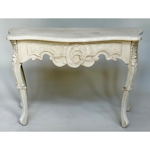 142 - CONSOLE TABLE, Italian style grey painted serpentine fronted with 'C' scroll centre and shaped suppo... 