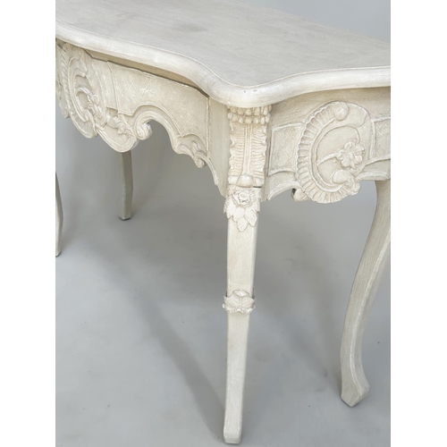 142 - CONSOLE TABLE, Italian style grey painted serpentine fronted with 'C' scroll centre and shaped suppo... 