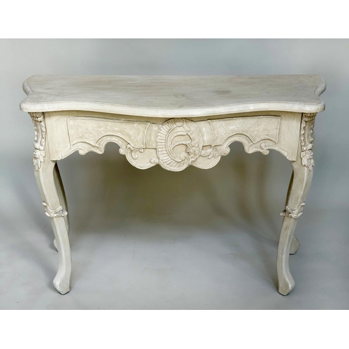 142 - CONSOLE TABLE, Italian style grey painted serpentine fronted with 'C' scroll centre and shaped suppo... 