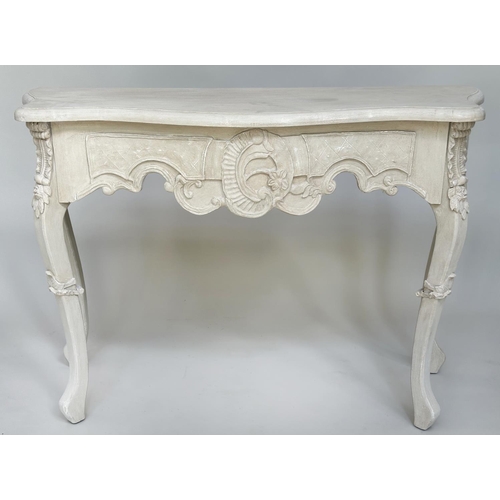 142 - CONSOLE TABLE, Italian style grey painted serpentine fronted with 'C' scroll centre and shaped suppo... 