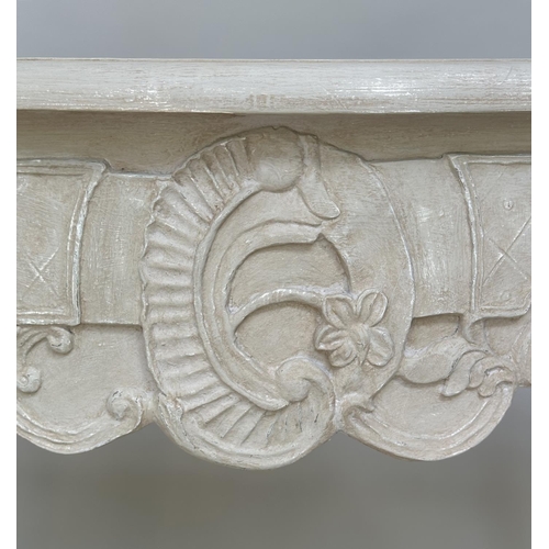 142 - CONSOLE TABLE, Italian style grey painted serpentine fronted with 'C' scroll centre and shaped suppo... 