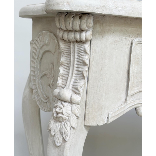 142 - CONSOLE TABLE, Italian style grey painted serpentine fronted with 'C' scroll centre and shaped suppo... 