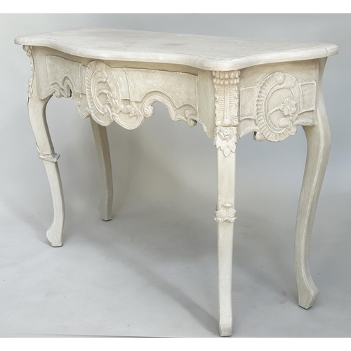 142 - CONSOLE TABLE, Italian style grey painted serpentine fronted with 'C' scroll centre and shaped suppo... 