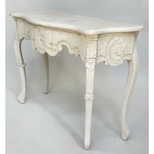 142 - CONSOLE TABLE, Italian style grey painted serpentine fronted with 'C' scroll centre and shaped suppo... 