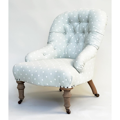 143 - SLIPPER CHAIR, Victorian button backed in pale green dot patterned fabric, 75cm H x 59cm W.