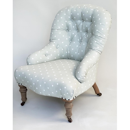 143 - SLIPPER CHAIR, Victorian button backed in pale green dot patterned fabric, 75cm H x 59cm W.