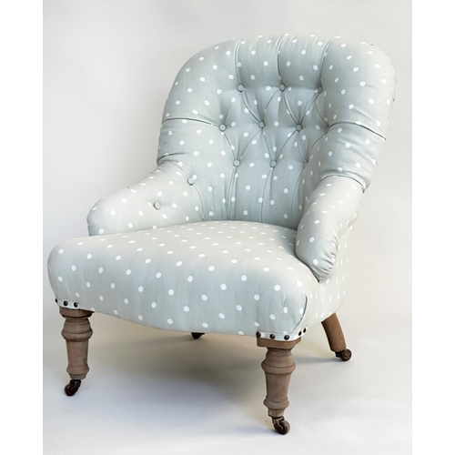 143 - SLIPPER CHAIR, Victorian button backed in pale green dot patterned fabric, 75cm H x 59cm W.