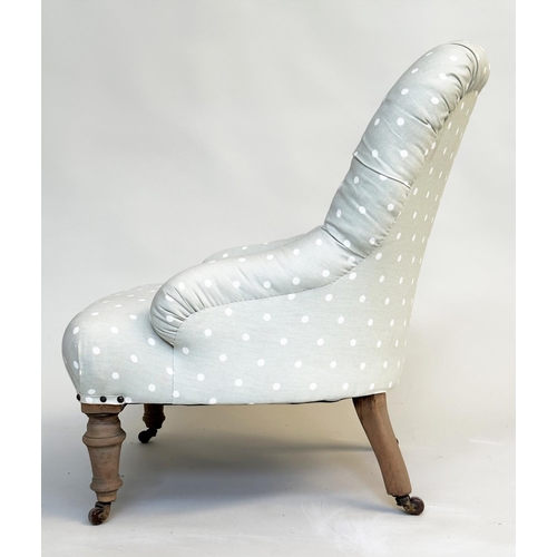 143 - SLIPPER CHAIR, Victorian button backed in pale green dot patterned fabric, 75cm H x 59cm W.