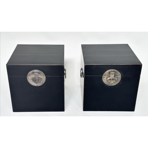 146 - TRUNKS, a pair, Oka style Chinese lacquered and silvered metal mounted, 45cmx  45cm x 45cm. (2)