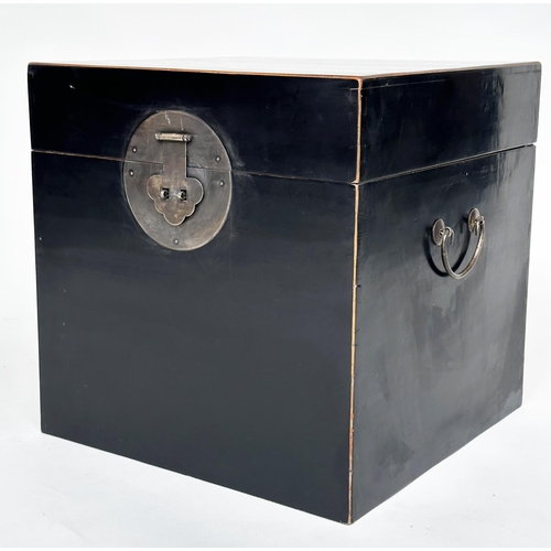 146 - TRUNKS, a pair, Oka style Chinese lacquered and silvered metal mounted, 45cmx  45cm x 45cm. (2)