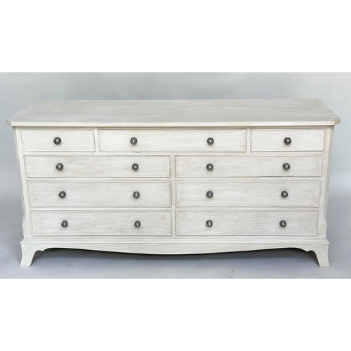 151 - LOW CHEST, Georgian style grey painted with nine drawers and bracket supports, 74cm H x 153cm W x 47... 