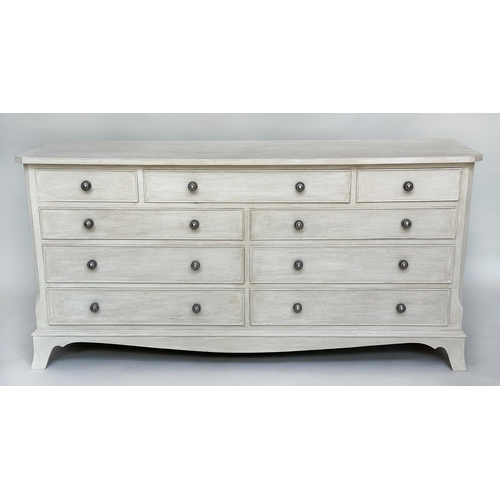 151 - LOW CHEST, Georgian style grey painted with nine drawers and bracket supports, 74cm H x 153cm W x 47... 