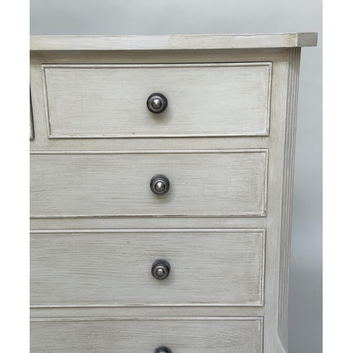 151 - LOW CHEST, Georgian style grey painted with nine drawers and bracket supports, 74cm H x 153cm W x 47... 